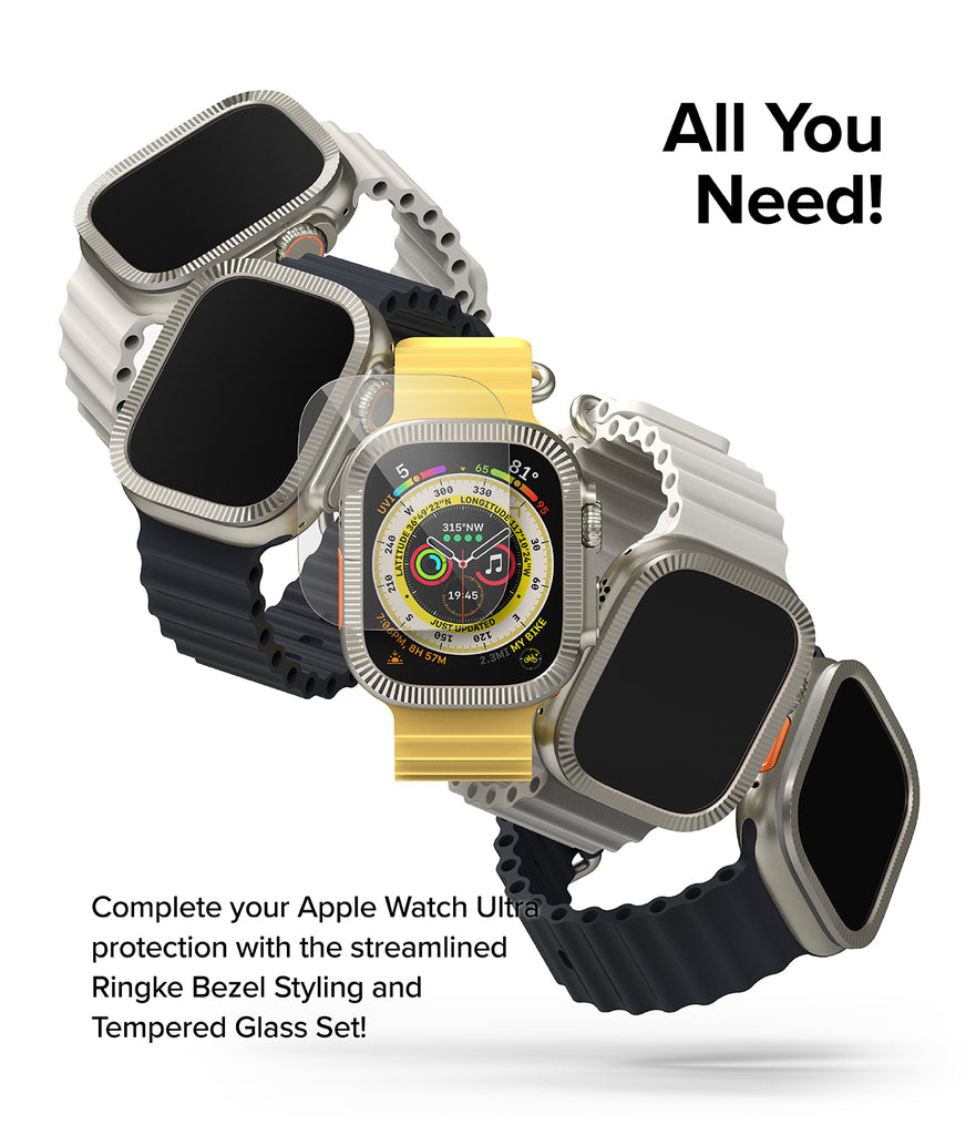 Apple Watch Ultra 2 / 1 | Glass + Bezel Styling 49-44 (ST) - All You Need! Complete your Apple Watch Ultra protection withthe stramlined Ringke Bezel Styling and Tempered Glass Set!