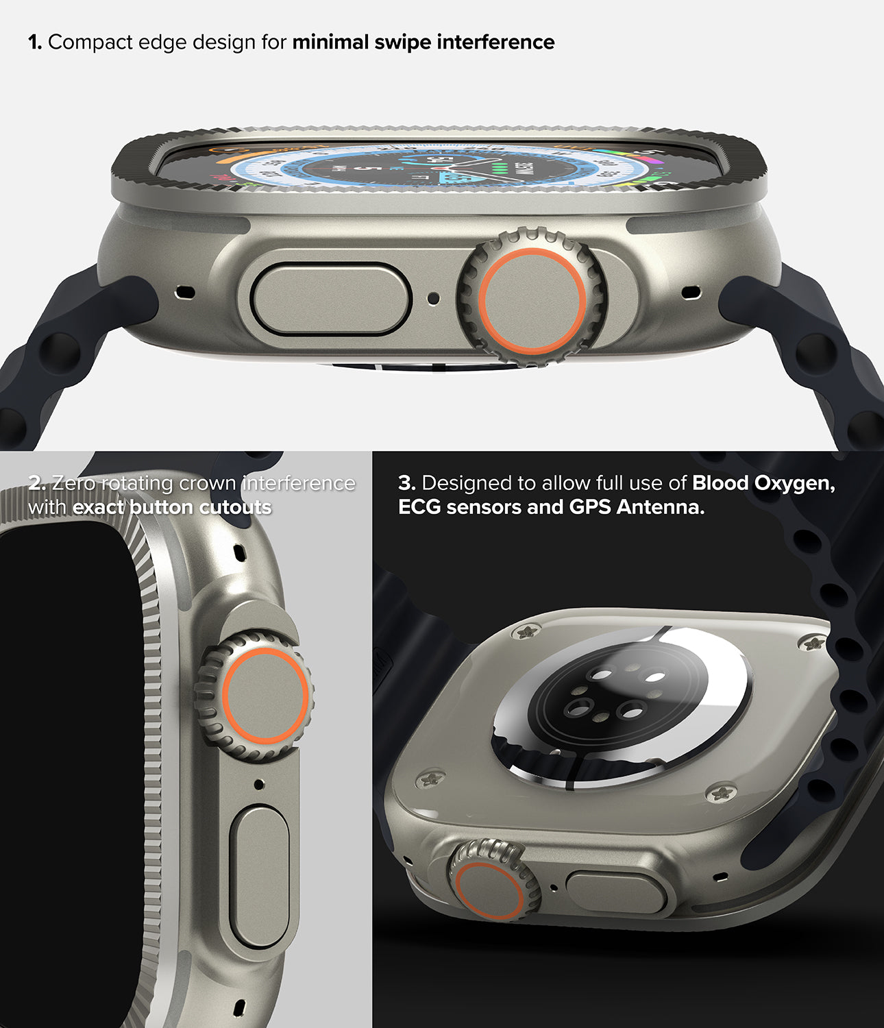 Apple Watch Ultra 2 / 1 | Glass + Bezel Styling 49-44 (ST) - Compact edge design for minimal swipe interference. Zero rotating crown interference with exact button cutouts. Designed to allow full use to Blood Oxygen, ECG sensors and GPS Antenna.