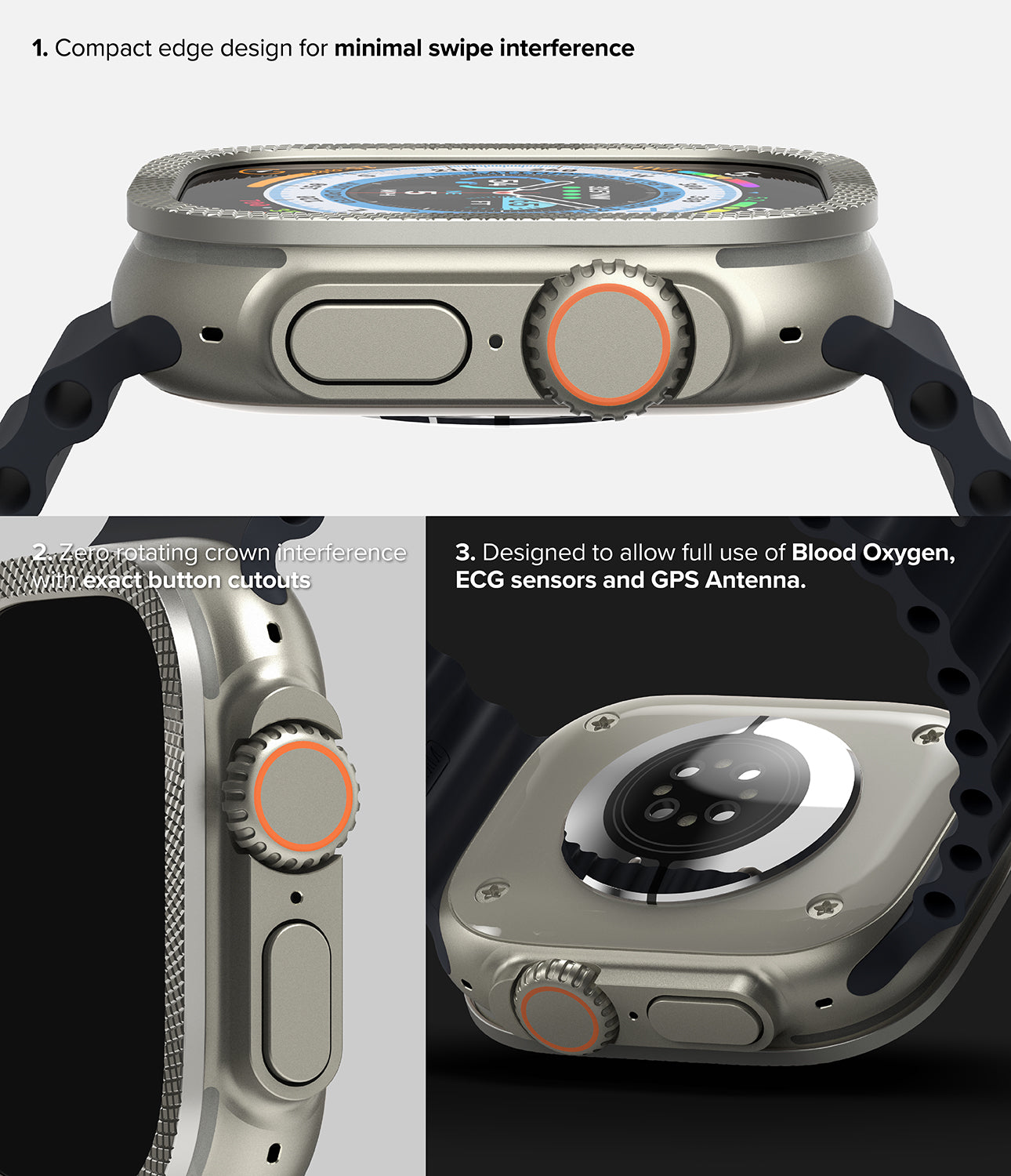Apple Watch Ultra 2 / 1 | Glass + Bezel Styling 49-48 - Compact edge design for minimal swipe interference. Zero rotating crown interference with exact button cutouts. Designed to allow full use of Blood Oxygen, ECG sensors and GPS Antenna.
