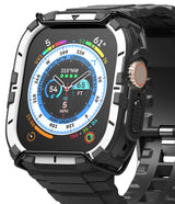 Apple Watch Ultra 3 / 2 / 1 Case + Band | Fusion-X Guard - Rugged black watch case on a rocky surface with smoke.