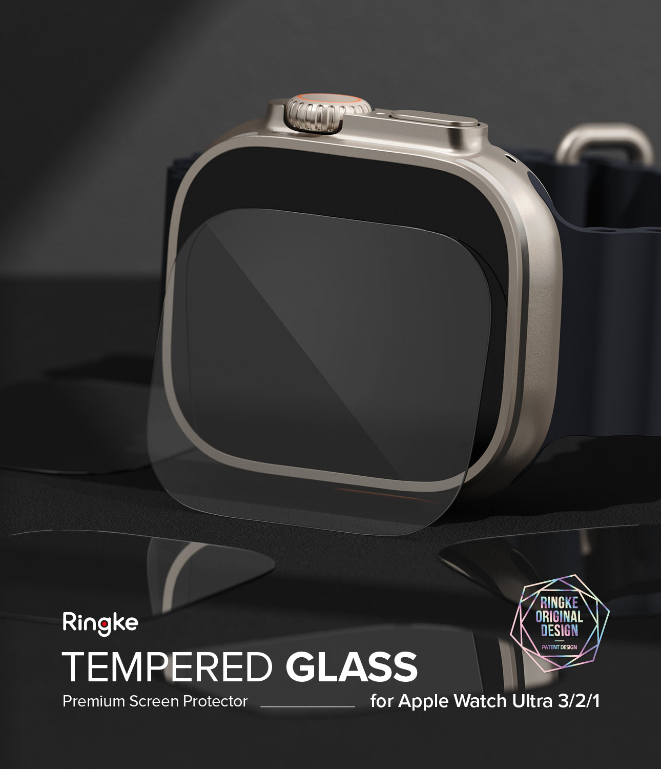 Smartwatch with a tempered glass screen protector on a reflective surface, featuring the Ringke brand.