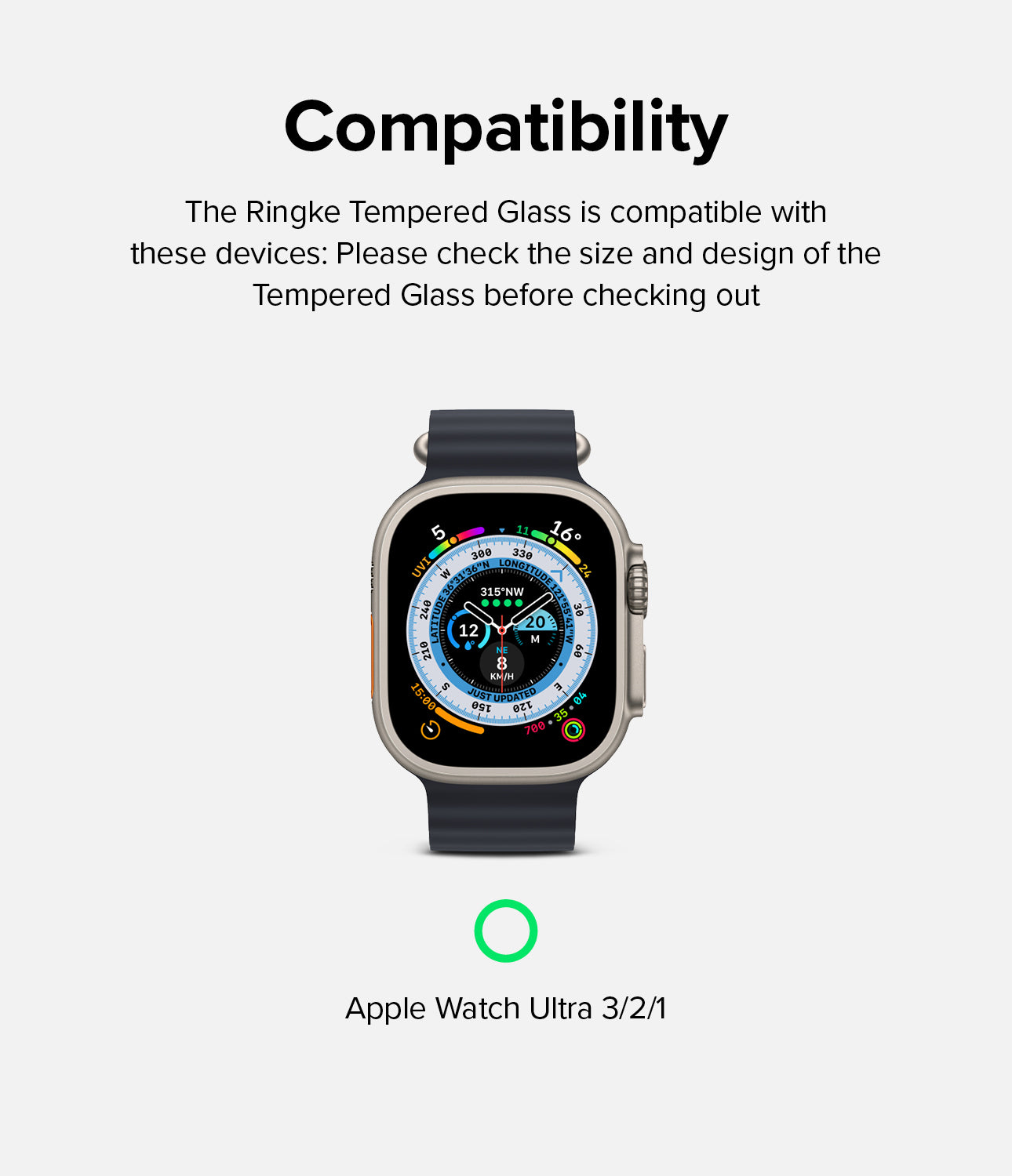 Smartwatch with compatibility information for Ringke Tempered Glass on a white background