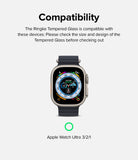 Smartwatch with compatibility information for Ringke Tempered Glass on a white background