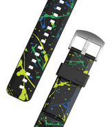 Watch Lug 20mm | Rubber One Bold Band - Design - Black watch strap with neon green and blue paint splatter pattern and silver buckle.
