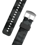 Watch Lug 20mm | Rubber One Bold Band - Design - Watch Lug 20mm | Rubber One Bold Band - Black camouflage patterned rubber watch strap with a silver buckle and Ringke logo.