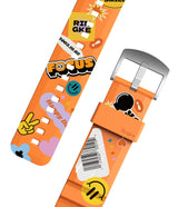 Watch Lug 20mm | Rubber One Bold Band - Design - Orange watch strap featuring colorful pop-art stickers, text, and a metal buckle.