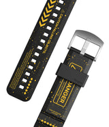 Watch Lug 20mm | Rubber One Bold Band - Design - Watch Lug 20mm | Rubber One Bold Band - Black watch strap with yellow industrial warning text and splatter patterns.