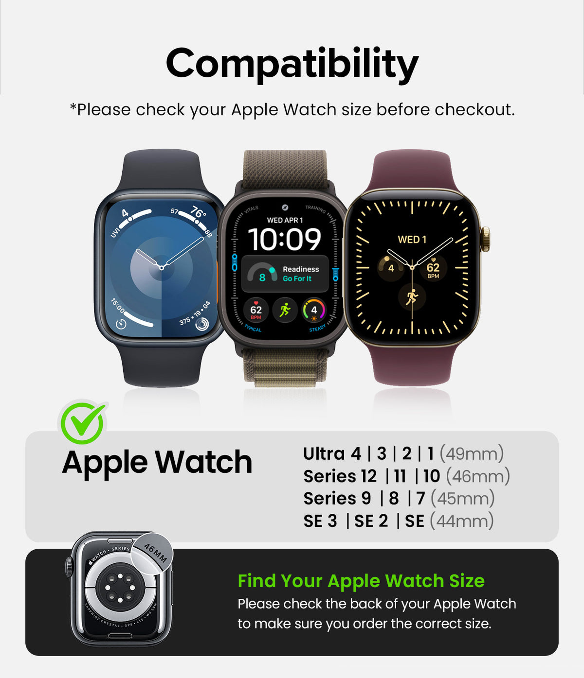 Apple Watch - Compatibility chart for Apple Watch showing three Apple Watch models with different strap colors and sizes, plus a size reference guide for Apple Watch Ultra, Series 12/11/10, Series 9/8/7/6/SE 3/2/1, and a link to find your Apple Watch size.