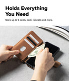[Combo] Galaxy S26 | Folio Stand Wallet Magnetic + Onyx Magnetic - Hands inserting cash into a tan leather wallet case.