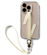 Band Buckle Rectangle Type Strap - Cream phone strap with a rectangular metal buckle and two small flower charms.