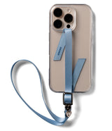 Band Buckle Rectangle Type Strap - Light blue ribbon phone strap with a metal buckle and heart charms attached to a clear case.