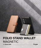 [Combo] Galaxy S26 Plus | Folio Stand Wallet Magnetic + Onyx Magnetic - Brown leather folio case and black phone with magnetic card holder.