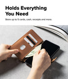 [Combo] Galaxy S26 Ultra | Folio Stand Wallet Magnetic + Onyx Magnetic - Hands inserting cash into a tan leather wallet case.