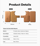 [Combo] Galaxy S26 Plus | Folio Stand Wallet Magnetic + Onyx Magnetic - Technical diagram showing dimensions and specs of a tan leather folio phone case.