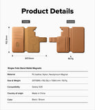 [Combo] Galaxy S26 | Folio Stand Wallet Magnetic + Onyx Magnetic - Technical diagram showing dimensions and features of a brown leather wallet phone case.