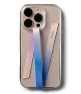 Band Strap - Smartphone in a clear case with a pink-to-blue gradient fabric strap attached to the camera and bottom edge.