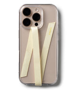 Band Strap - A beige fabric strap attached to a clear phone case, forming an N-shape over the back of a beige smartphone.