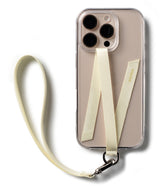Band D Ring Hand Hook Strap - Beige phone strap attached to a clear case with a metal D-ring and lobster clasp.