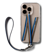 Band D Ring Hand Hook Strap - A clear phone case with a blue, orange, and yellow striped wrist strap attached by a metal hook.