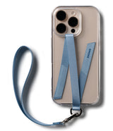 Band D Ring Hand Hook Strap - A light blue fabric wrist strap attached to a clear phone case via a metal D-ring hook.