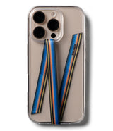 Band Strap - Clear phone case with a blue, orange, and yellow striped fabric strap attached in an N-shape pattern.