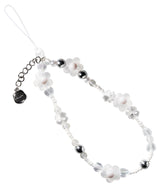 Beaded Strap - A phone charm with white flower beads, clear crystals, and silver metallic spheres on a white cord.
