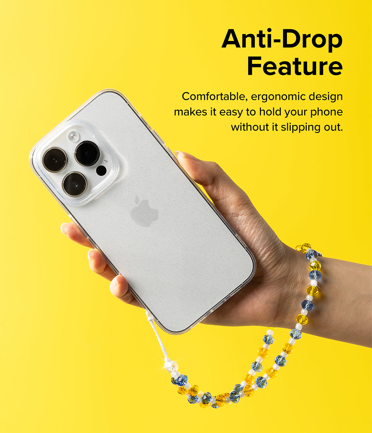 Beaded Strap - Anti-Drop Feature. Comfortable, ergonomic design makes it easy to hold your phone without it slipping out.