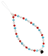 Beaded Strap - A loop of faceted red, blue, and clear crystal beads with a small black charm at the end.