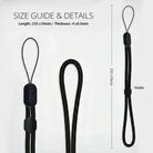 Paracord Lanyard Wrist Strap [2 Pack] - Diagram showing black paracord lanyard dimensions, length, and adjustable holder.