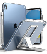 Fusion + Outstanding | iPad - Clear iPad cases with integrated stylus holders and a white adjustable kickstand on a blue iPad.