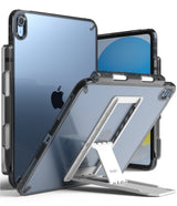 Fusion + Outstanding | iPad - Clear protective case with an integrated adjustable white kickstand on a blue iPad.