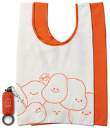 Day-Me Bag - White tote with orange trim and cartoon potato characters, shown unfolded and packed in a small orange pouch.