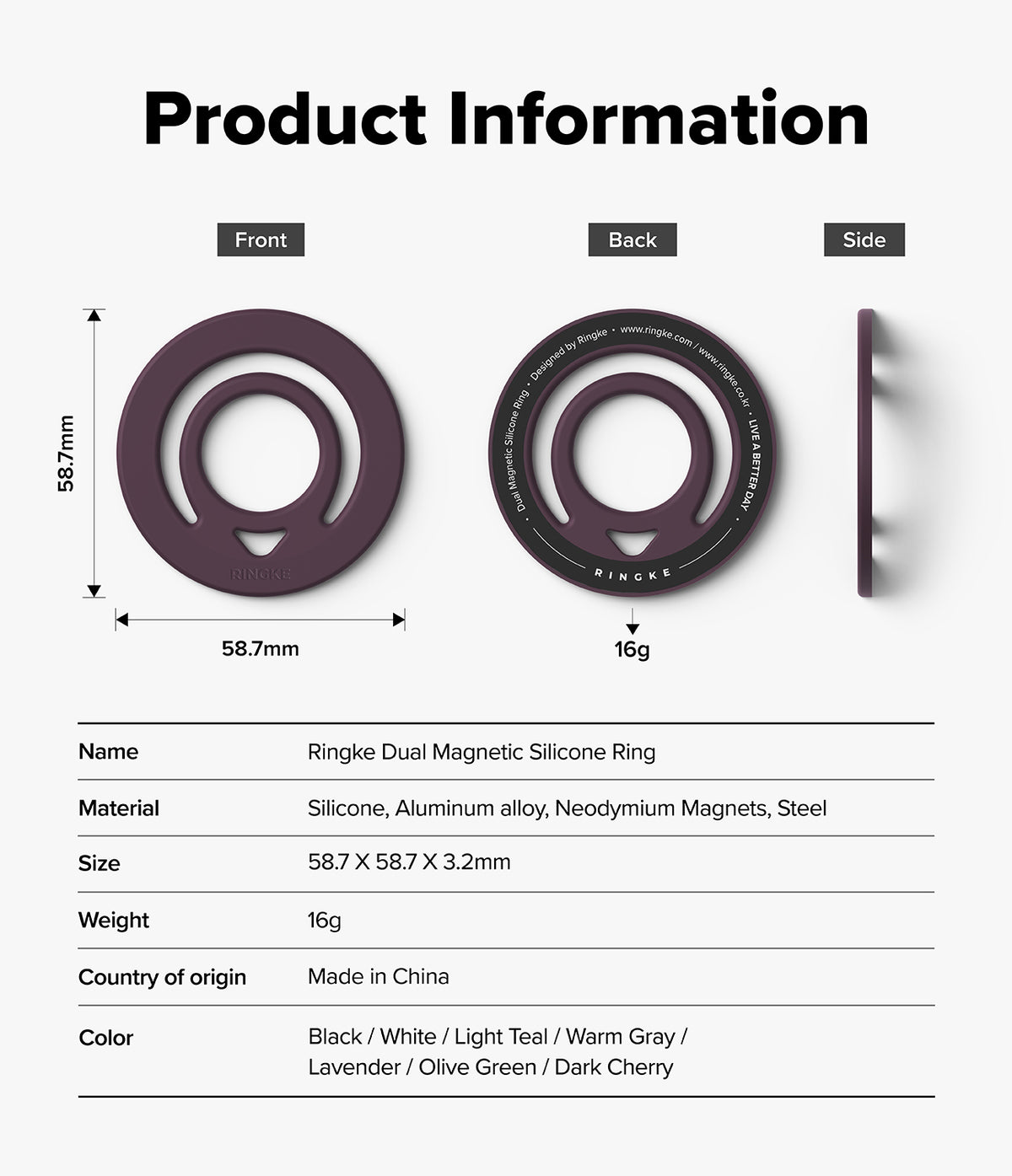 Dual Magnetic Silicone Ring - Product information graphic for a Ringke Dual Magnetic Silicone Ring, showing front, back, and side views with dimensions, plus a specification table listing material, size, weight, and available colors.
