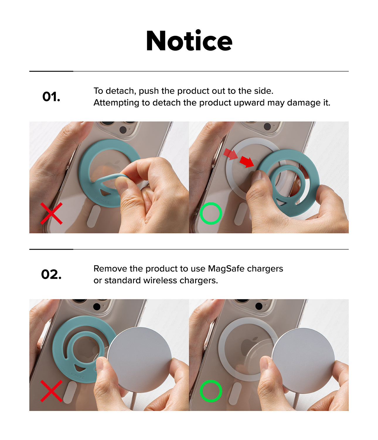 Dual Magnetic Silicone Ring - Instruction notice sheet showing how to detach and remove a teal circular MagSafe-compatible accessory from a smartphone case, with step-by-step text and small photos of hands performing the actions.