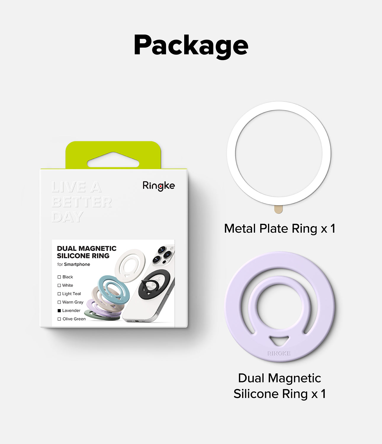 Dual Magnetic Silicone Ring - Ringke dual magnetic silicone ring package shown with two rings on a light gray background: a white metal plate ring and a lavender silicone ring, with text labels indicating the package contents.