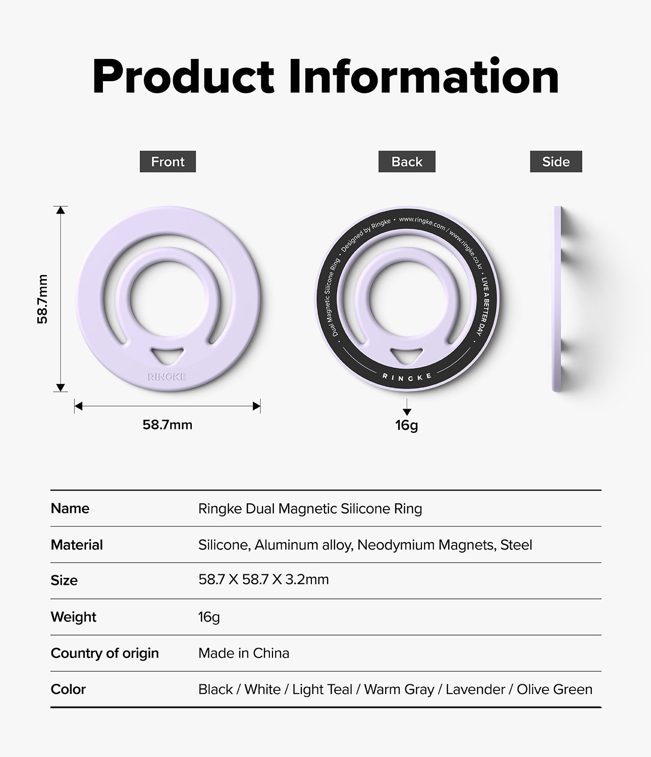 Dual Magnetic Silicone Ring - Product information diagram for a Ringke Dual Magnetic Silicone Ring, showing front, back, and side views with dimensions, plus a specification table listing material, size, weight, origin, and available colors.