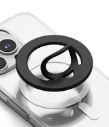 Dual Magnetic Silicone Ring - Black silicone ring with a flexible finger loop attached to a clear phone case.
