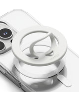 Dual Magnetic Silicone Ring - White silicone magnetic phone ring holder with a pull-out loop attached to a clear phone case.