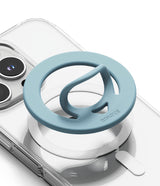 Dual Magnetic Silicone Ring - A light blue silicone ring grip attached to a clear phone case with a magnetic ring mount.
