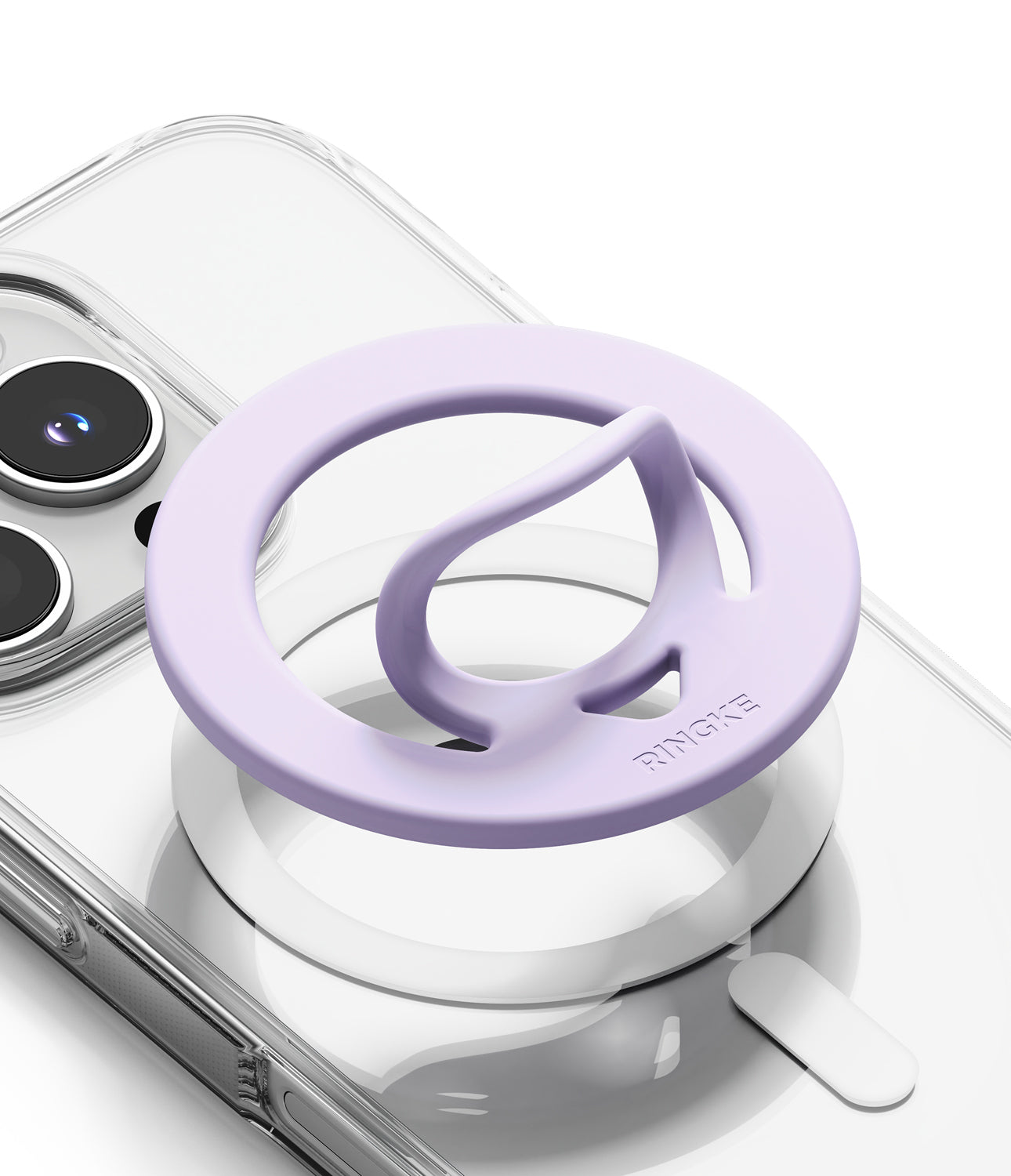 Dual Magnetic Silicone Ring - A lavender purple phone grip ring accessory attached to a clear smartphone case, shown on a clean white background.