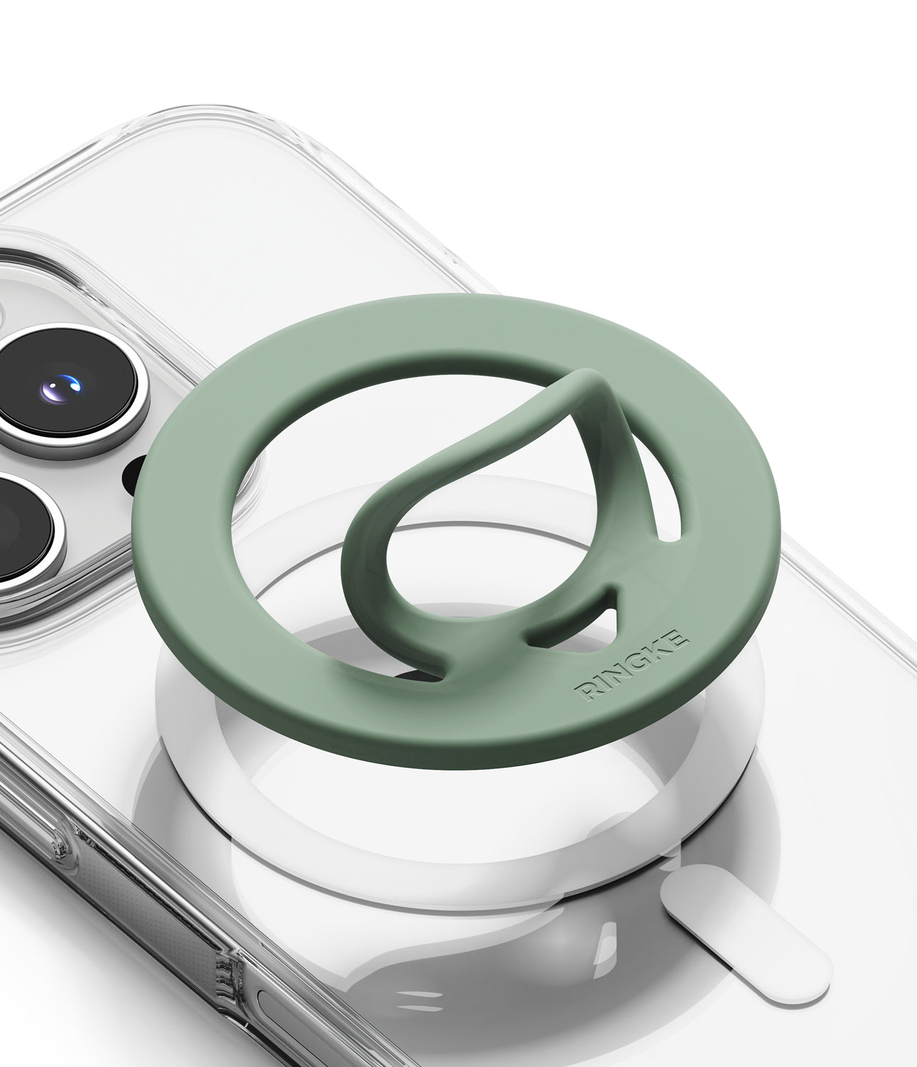 Dual Magnetic Silicone Ring - A sage green Ringke magnetic phone grip mount attached to a clear phone case, shown on a white background.