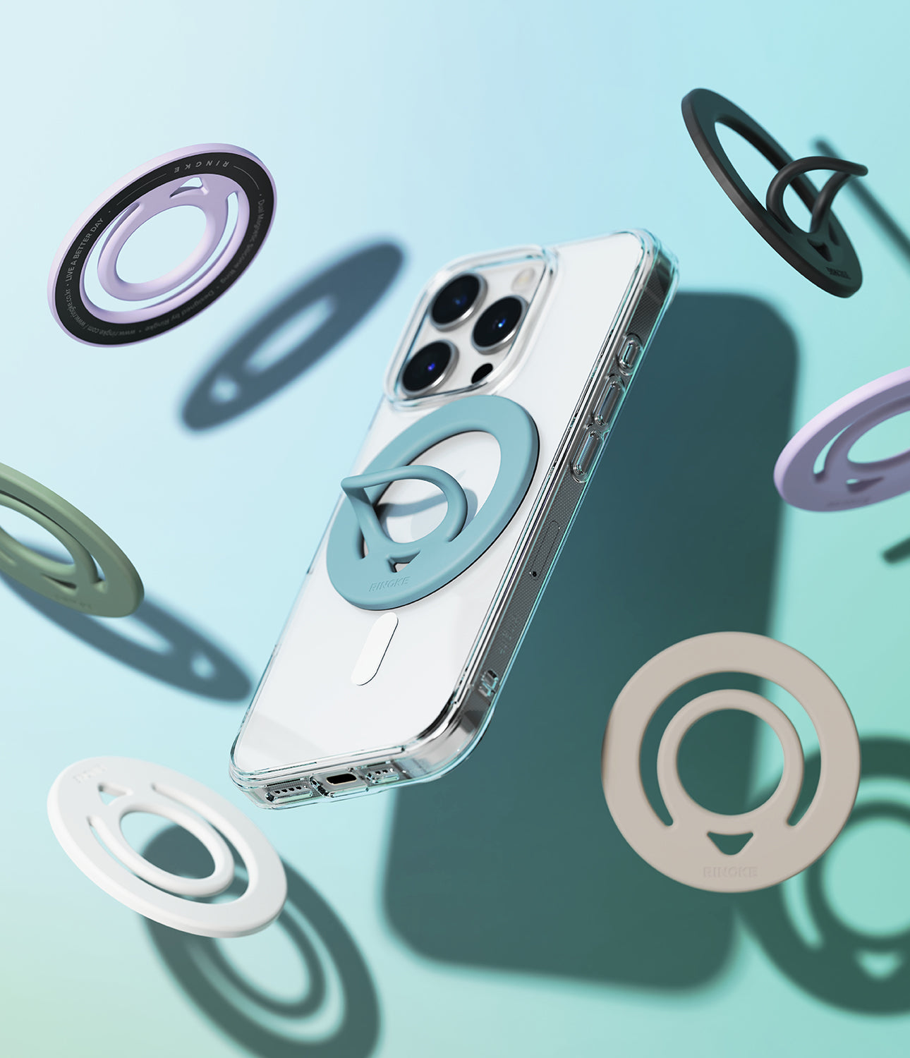 Dual Magnetic Silicone Ring - A smartphone with a blue magnetic ring attached, surrounded by floating rings in various colors.