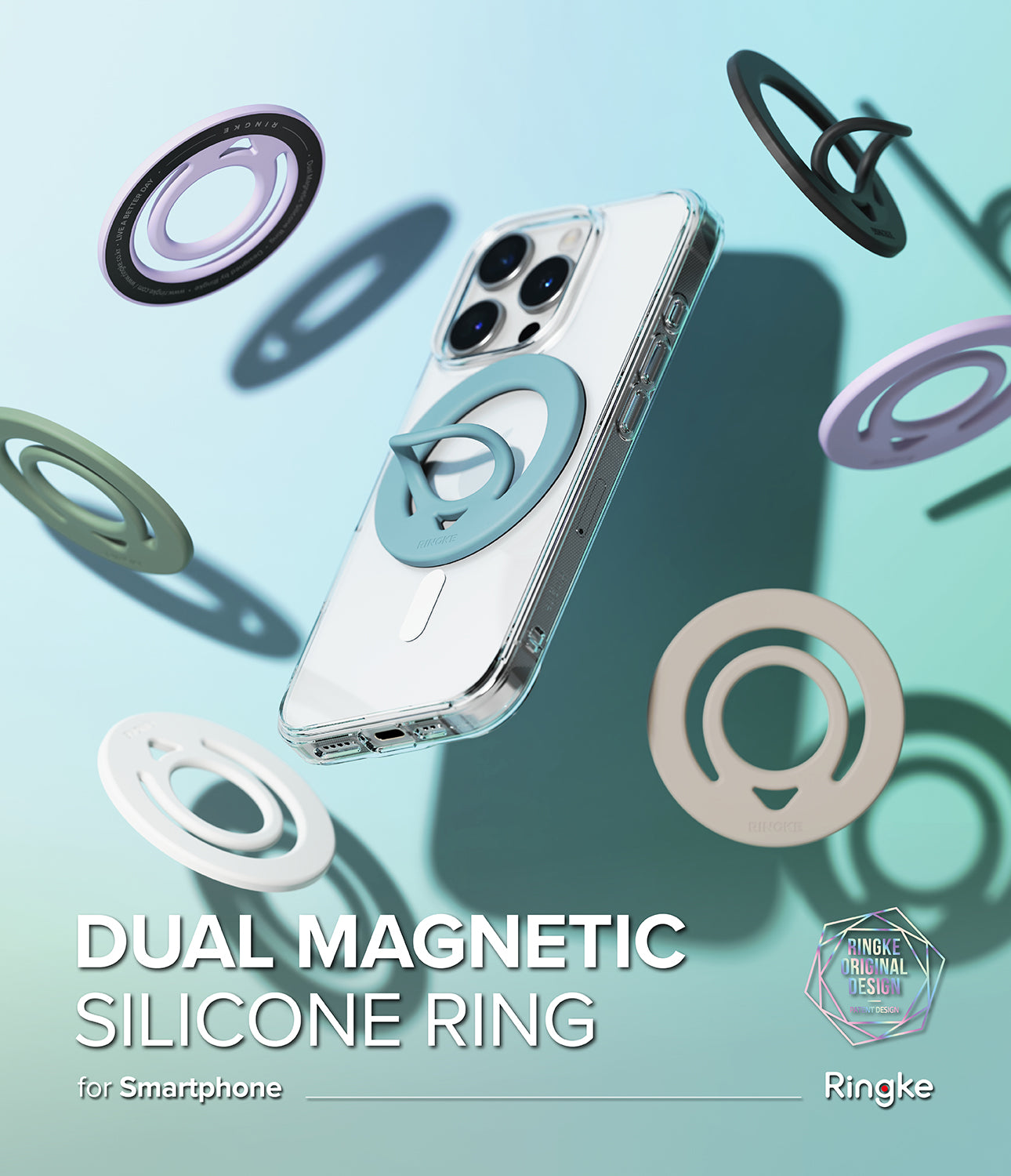 Dual Magnetic Silicone Ring - A smartphone with a blue magnetic ring attached, surrounded by floating rings in various colors.