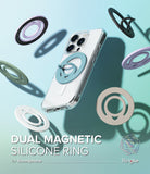 Dual Magnetic Silicone Ring - A smartphone with a blue magnetic ring attached, surrounded by floating rings in various colors.