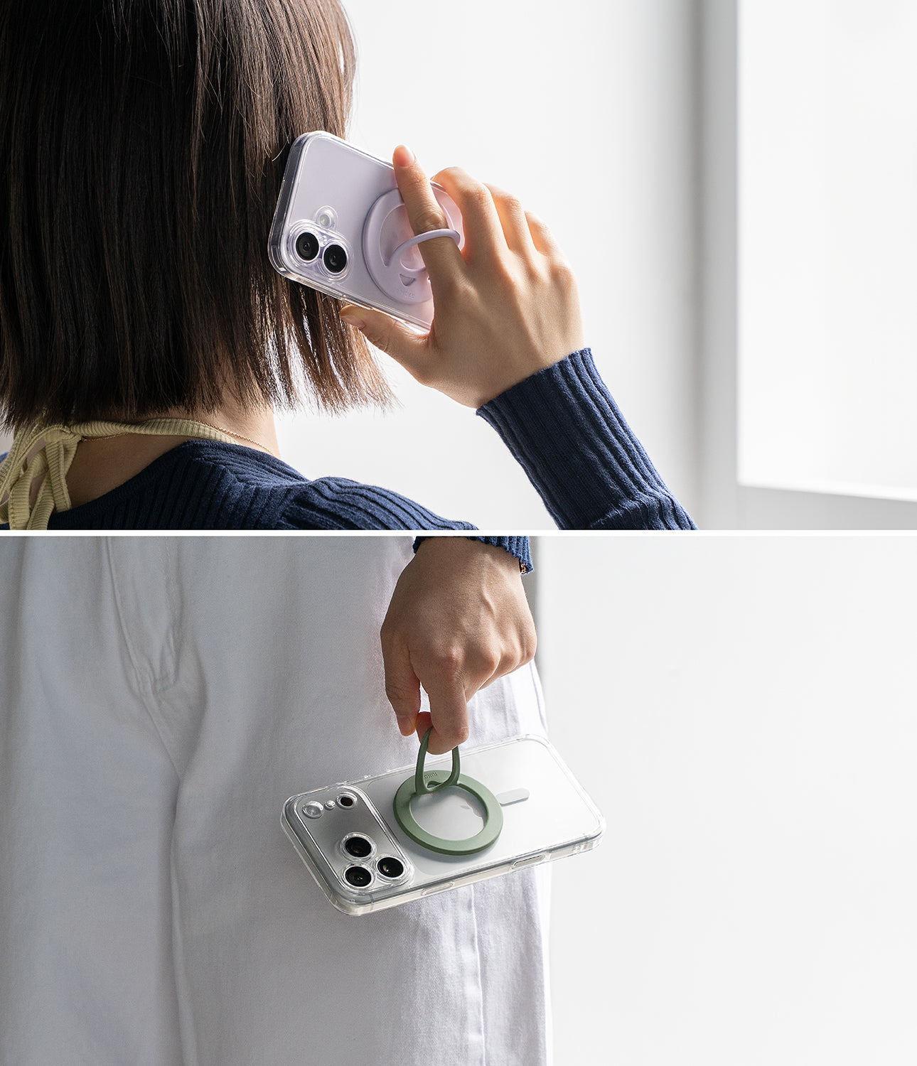 Dual Magnetic Silicone Ring - A split-screen lifestyle image showing a phone grip ring accessory. The top half shows a woman holding a white smartphone to her ear with a light pink circular grip ring attached to the back.