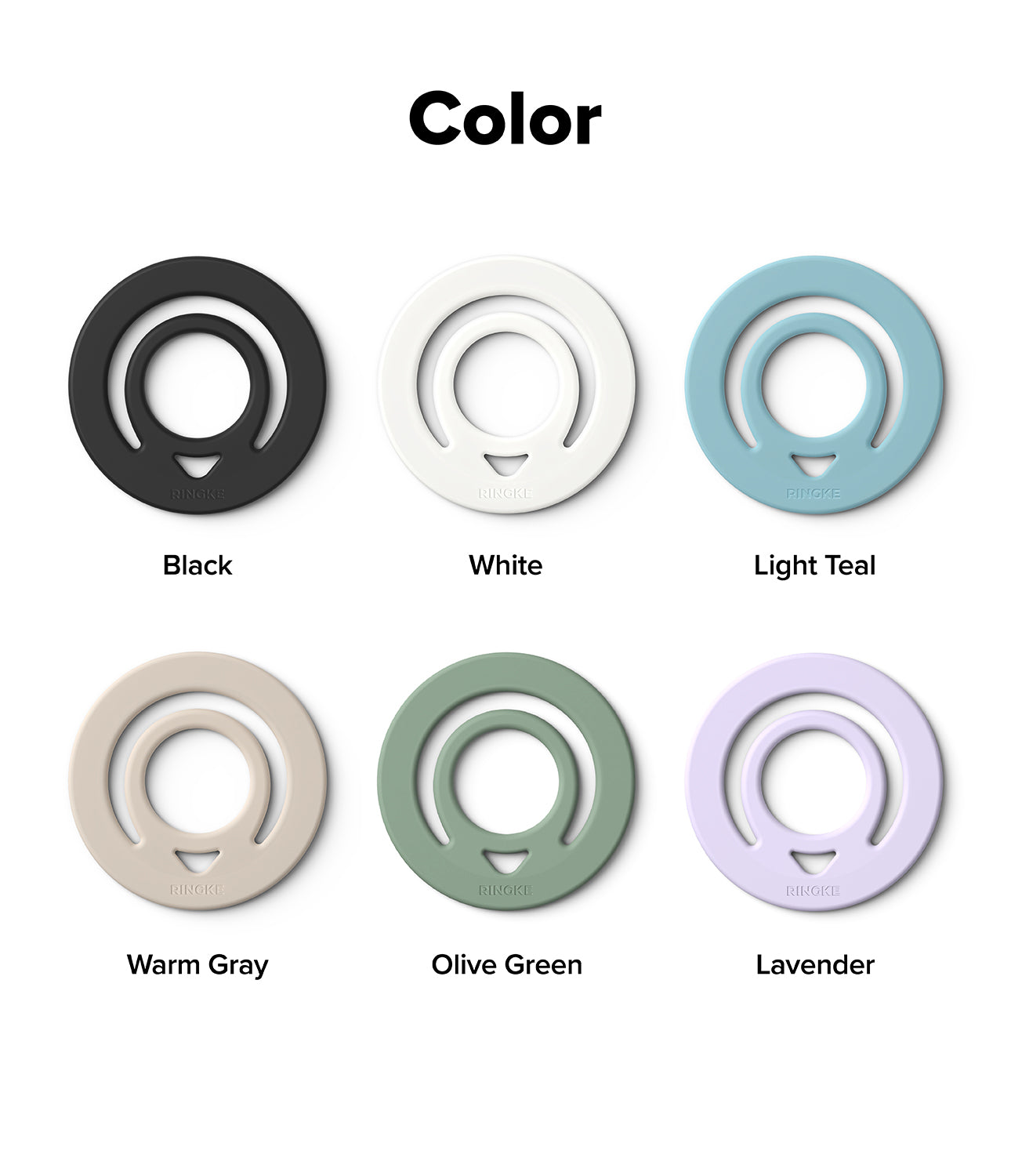 Dual Magnetic Silicone Ring - A color options chart showing six circular ring-shaped accessories in different colors: Black, White, Light Teal, Warm Gray, Olive Green, and Lavender, arranged in a 2x3 grid on a white background with the heading 'Color' at the top.