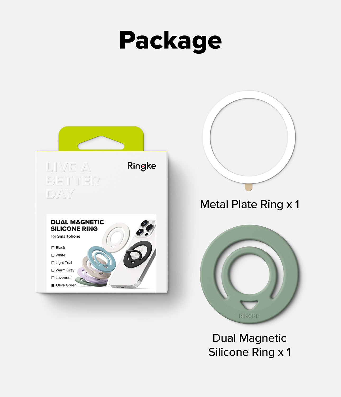 Dual Magnetic Silicone Ring - Product packaging and included components for a Ringke Dual Magnetic Silicone Ring, shown on a light gray background with text labels. The package is white with a lime green tab and printed product imagery.