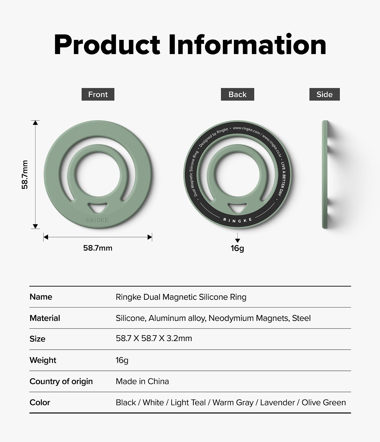 Dual Magnetic Silicone Ring - Product information graphic for a Ringke Dual Magnetic Silicone Ring, showing front, back, and side views with dimensions (58.7mm), weight (16g), and a list of materials and color options on a light gray background.