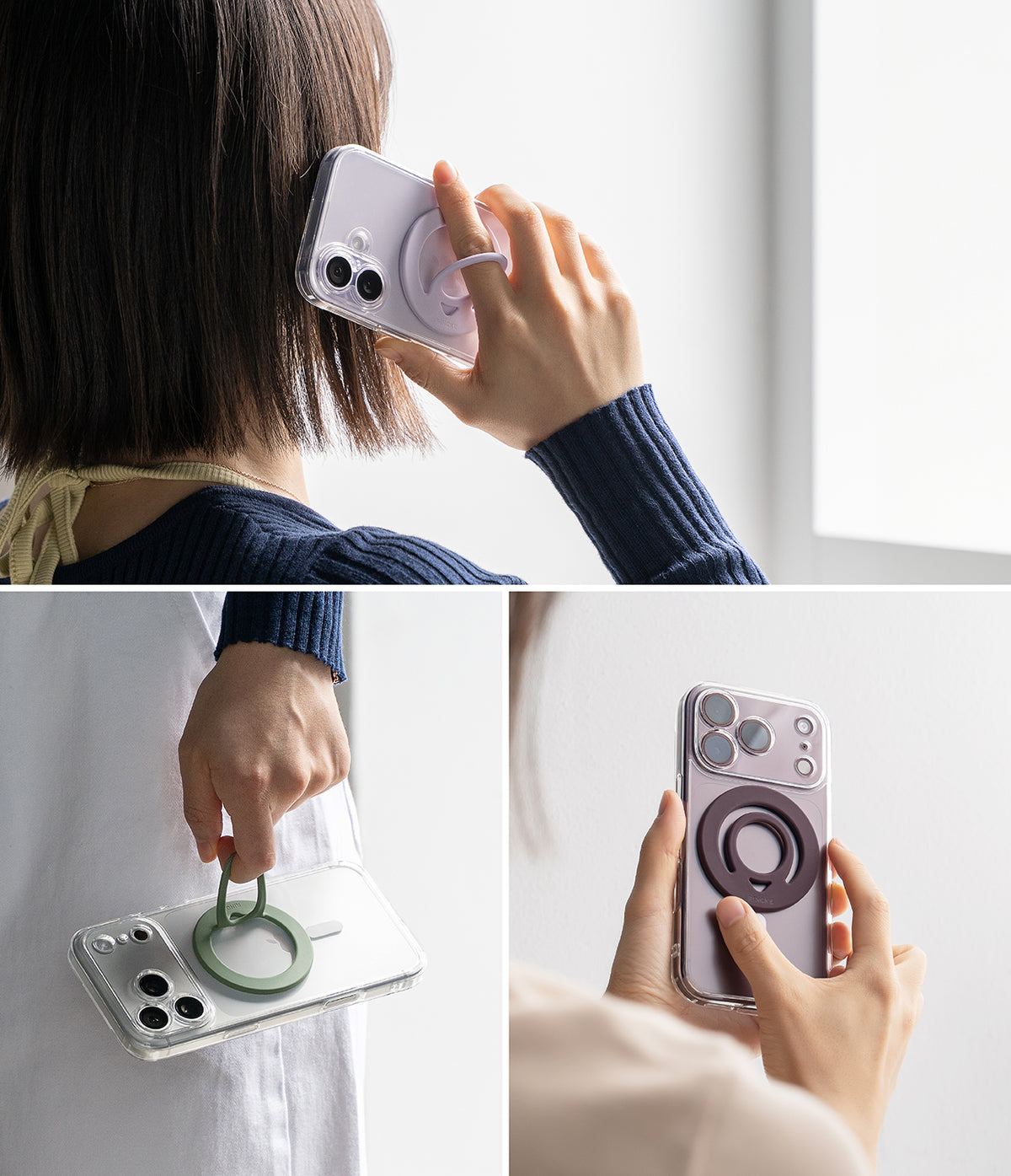 Dual Magnetic Silicone Ring - Three-panel lifestyle collage showing a phone grip ring accessory attached to a smartphone in different hand positions. The top panel shows a woman holding a phone with the ring extended outward.