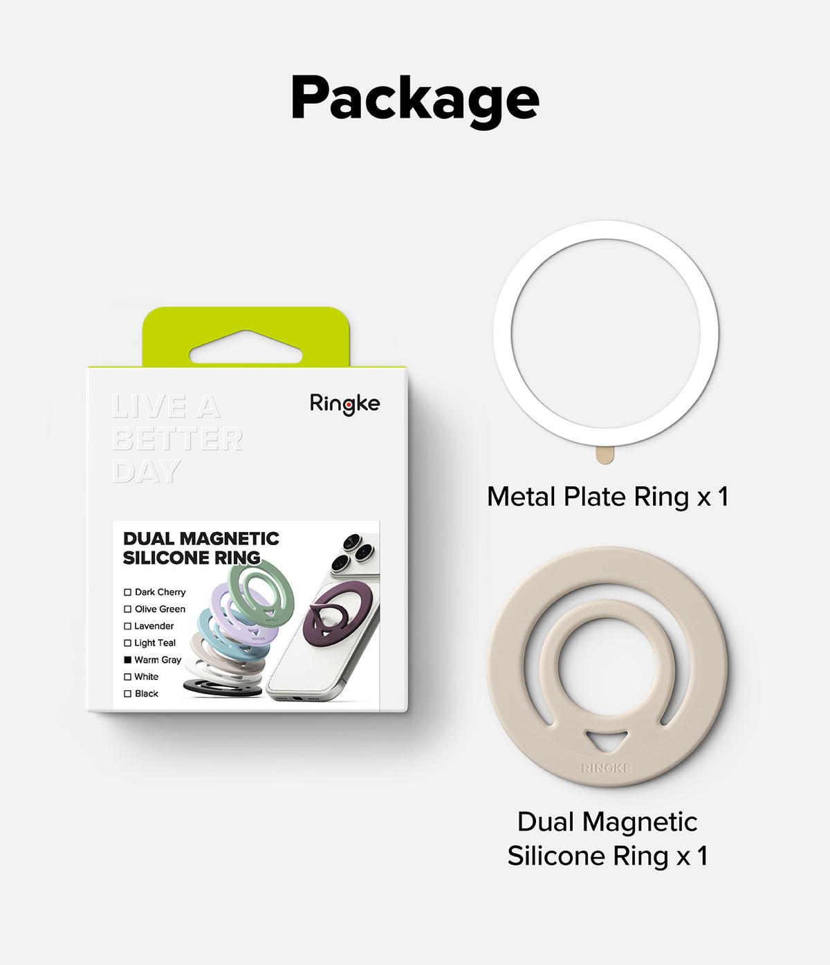 Dual Magnetic Silicone Ring - Product package and two silicone ring options on a light gray background under the heading 'Package'. The left side shows the Ringke retail box labeled 'DUAL MAGNETIC SILICONE RING', and the right side shows two circular ring views: a white 'Metal Plate Ring x 1' and a beige 'Dual Magnetic Silicone Ring x 1'.